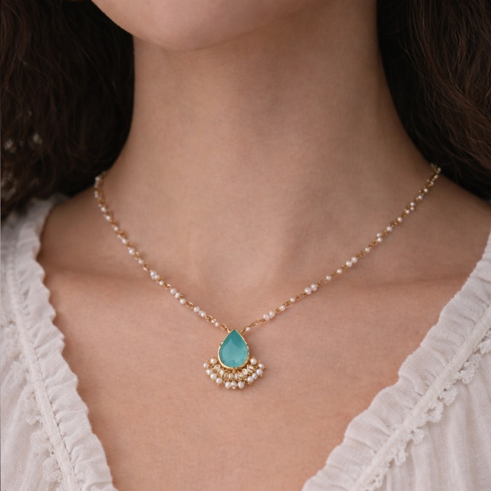 Designer Gold plated pearl beaded and Blue Teardrop Necklace from Jaipur India